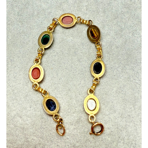 Vintage 7" Egyptian Revival Scarab Beetle Bracelet Semi Precious 14K Gold Filled - Picture 2 of 6